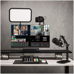 Rode DS3 black desktop studio arm on a streaming desk with monitor, camera and light