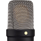 Rode NT1 GEN5 condenser microphone, black, close-up of grille