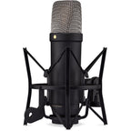 Rode NT1 GEN5 condenser microphone, black in shock mount, angle