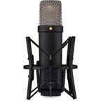 Rode NT1 GEN5 condenser microphone, black in shock mount, front