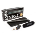 Rode NTG2 shotgun microphone mounted on a boom pole, professional audio equipment for high-quality sound recording.