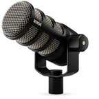 Rode PodMic dynamic microphone in black, angled view