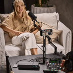 Rode RodeCaster Video Core controller for video editing, featuring multiple buttons and audio input ports on a compact device.