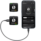 Rode Wireless ME Dual creator wireless microphone system connected to phone with Central app display on screen.