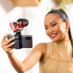 Rode SC16 USB C cable connected to a Rode VideoMic GO II on a mobile setup with a girl taking a selfie.