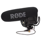 Rode VideoMic Pro Rycote camera microphone mounted on a camera, featuring Rycote shock mount and windscreen for professional audio recording.