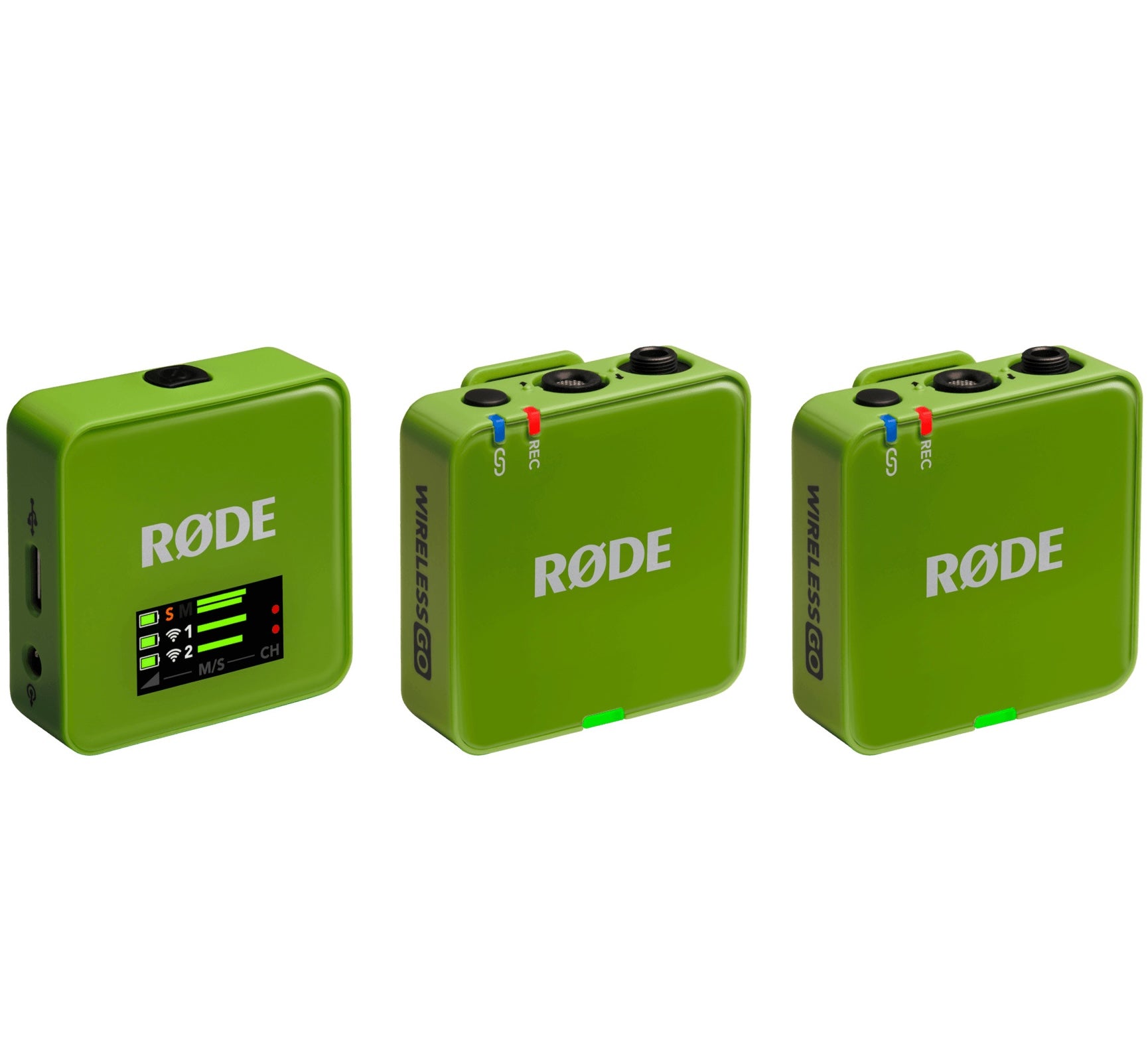 Rode Wireless GO 3 wireless microphone system with green transmitter and receiver, front three-quarter view.