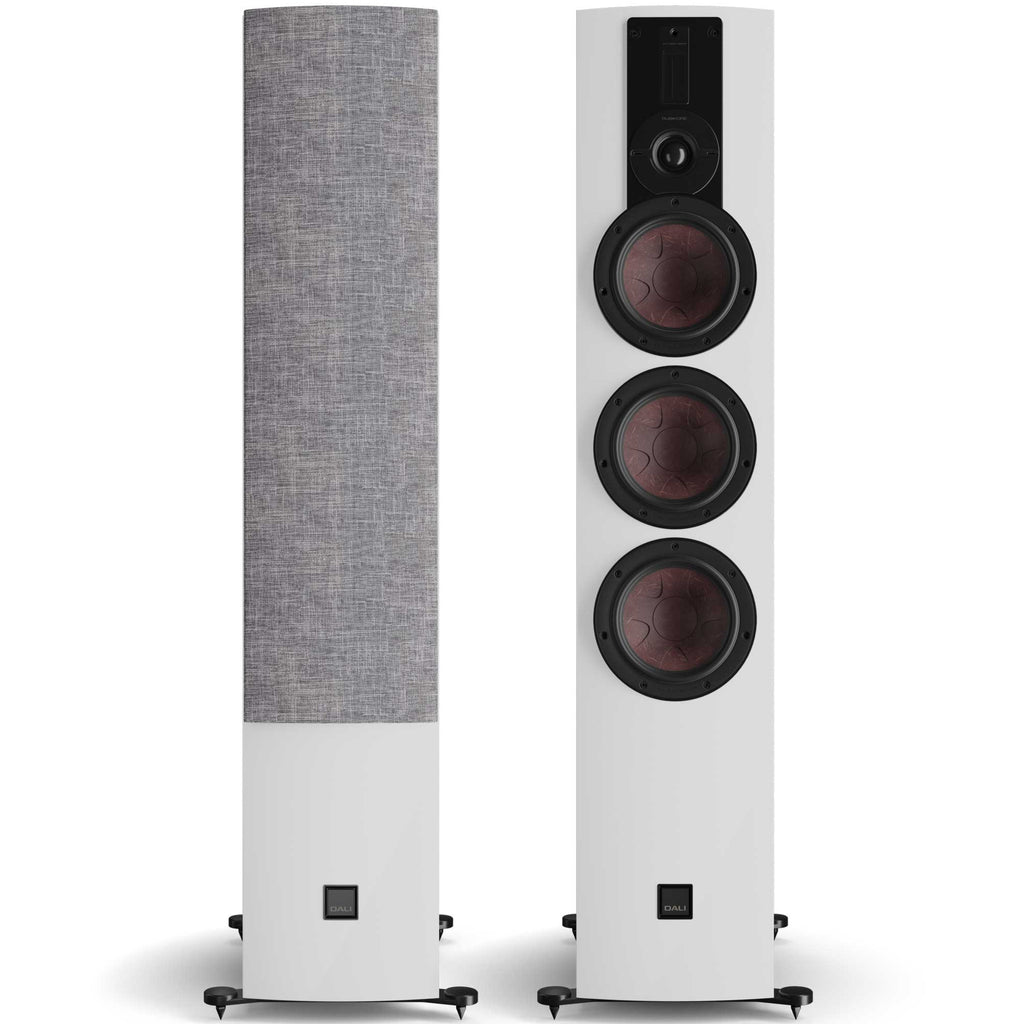 DALI Rubikore 8 passive floorstanding speakers in white, showcasing sleek design and full-range speaker drivers.