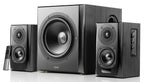 Pair of Edifier S351DB desktop speakers with subwoofer shown, featuring sleek black design and multiple connection ports.