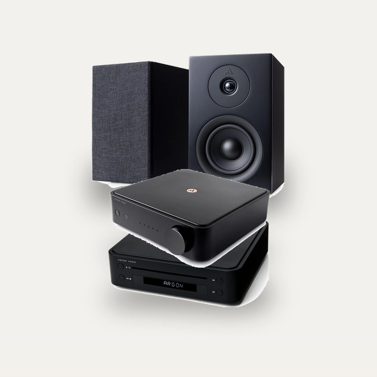 Argon Audio SA1 MK2 + CD1 + Forus 4 Hi-Fi System: amplifier in Black, CD player in Black, speakers in Black
