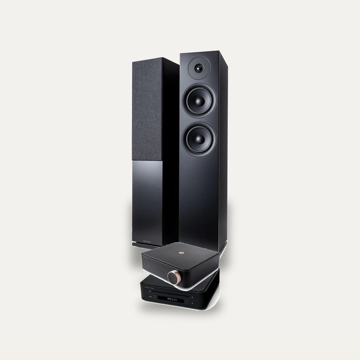 Argon Audio SA2 + CD1 + Forus 55 Hi-Fi System: amplifier in Black, CD player in Black, speakers in Black