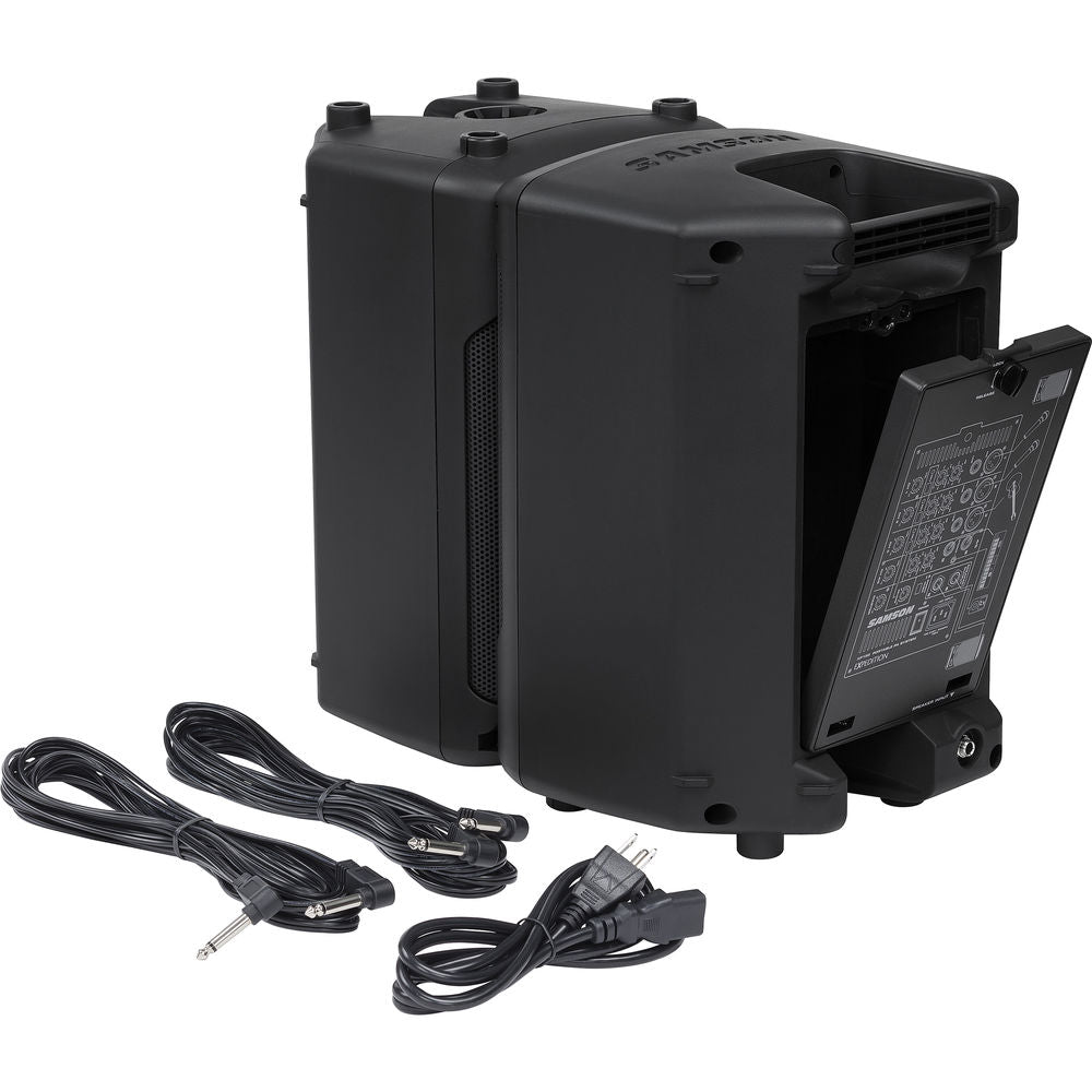 Samson XP300B PA speakers in a sleek black design, showcasing powerful sound system features and compact build.