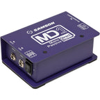 Samson MD1 Pro DI box with rugged metal case and input/output jacks for professional audio signal conversion.