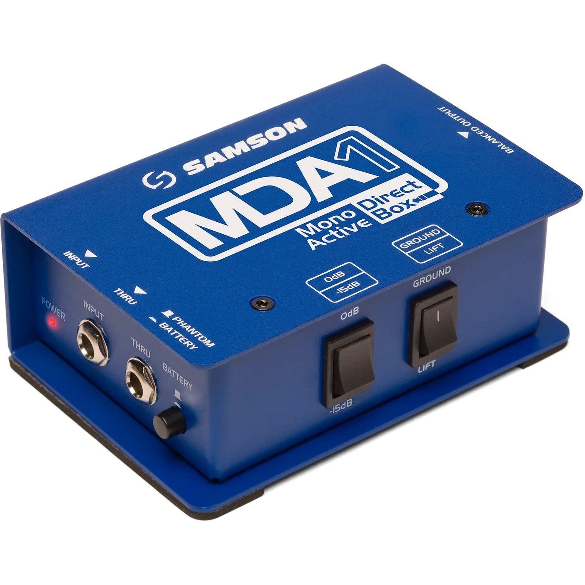Samson MDA1 DI box with XLR and 1/4-inch inputs, professional audio equipment for live sound and studio use.