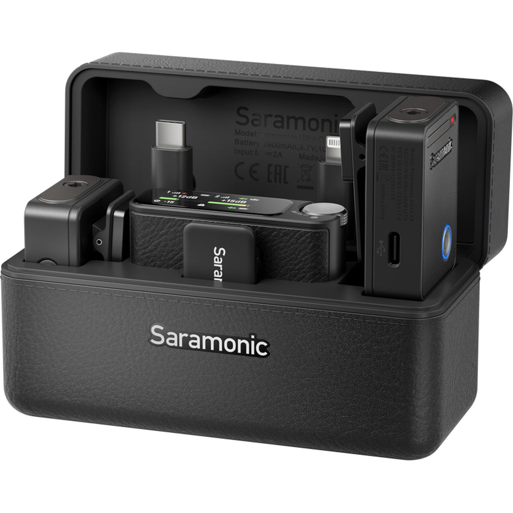 Saramonic Ultra wireless microphone system with Lavalier mics, black compact receiver and transmitter for creators.