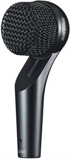 Shure Nexadyne 5 dynamic microphone with a sleek black design and built-in grip, ideal for professional audio recording.