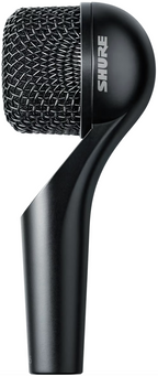 Shure Nexadyne 5 dynamic microphone with a sleek black design, featuring a metal grille and control switch for professional audio use.
