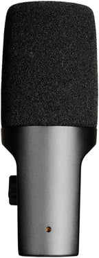 Side view of SE Electronics The DynaCaster DCM3 dynamic microphone showcasing its black body and grille design.