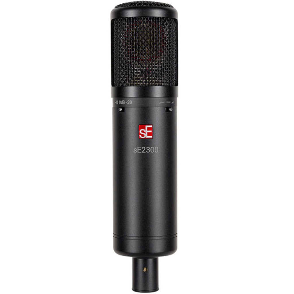 SE Electronics sE2300 condenser microphone shown with metal body and grille, ideal for studio recording and broadcasting.