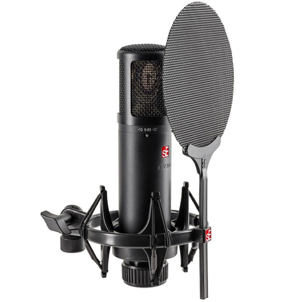 SE Electronics sE2300 condenser microphone with a sleek design, shown with its protective grille and professional build.