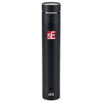Pair of SE Electronics sE8 condenser microphones shown in stereo configuration on a stand, showcasing professional audio recording equipment.