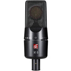 sE Electronics X1 S condenser microphone with a sleek black design and adjustable stand mount on a white background.