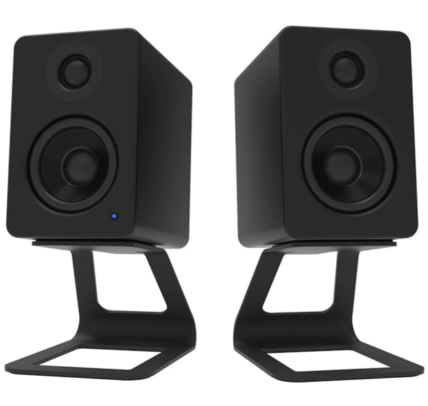 Kanto Audio SE2 speaker stands shown from the back, with adjustable height and sturdy metal construction for supporting audio speakers.