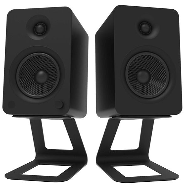 Back view of Kanto Audio SE6 speaker stands showing adjustable height and cable management features.