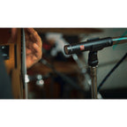 Pair of sE Electronics sE8 condenser microphones shown in stereo setup, featuring black bodies and gold-plated capsules.