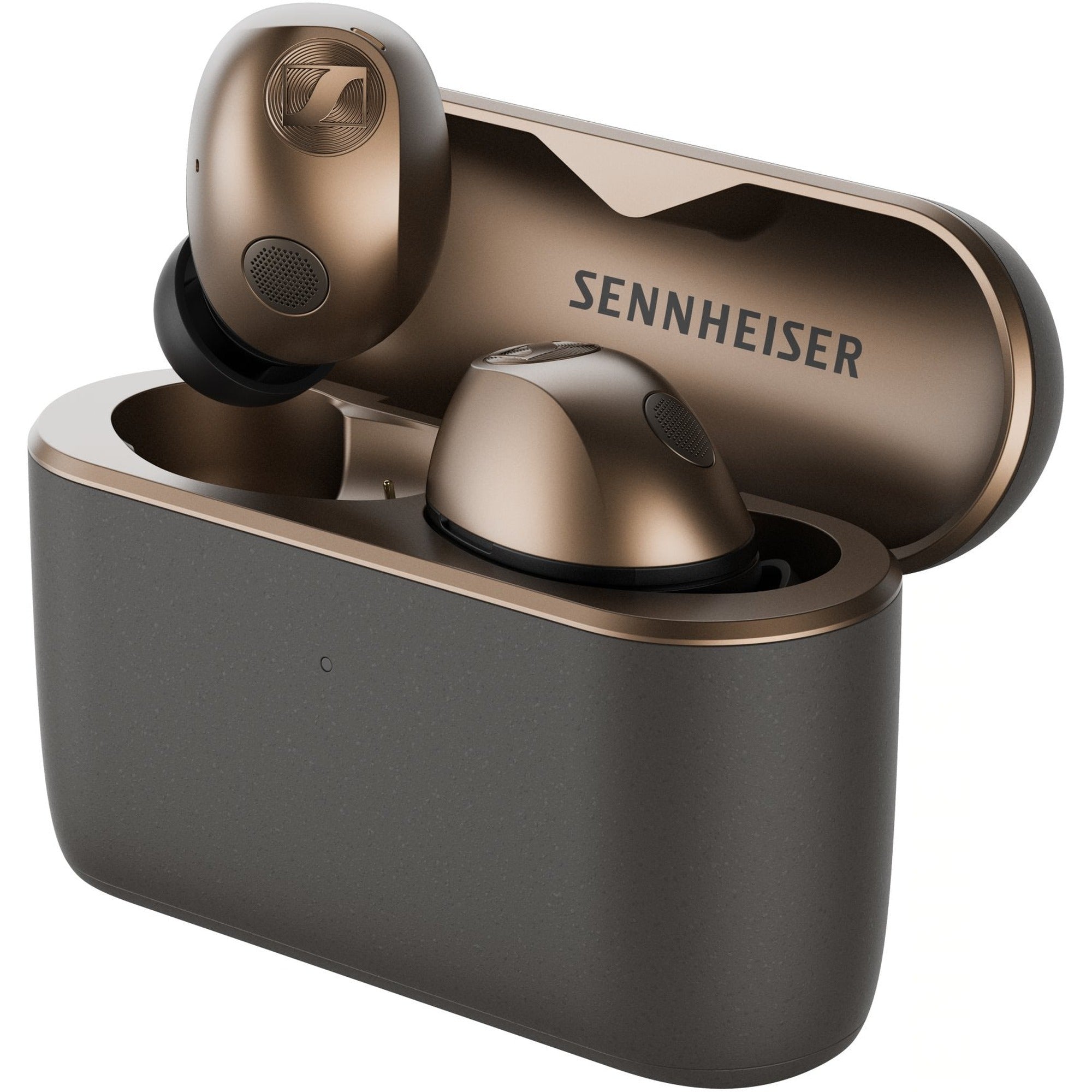 Sennheiser Momentum True Wireless 5 earbuds in open charging case, Copper