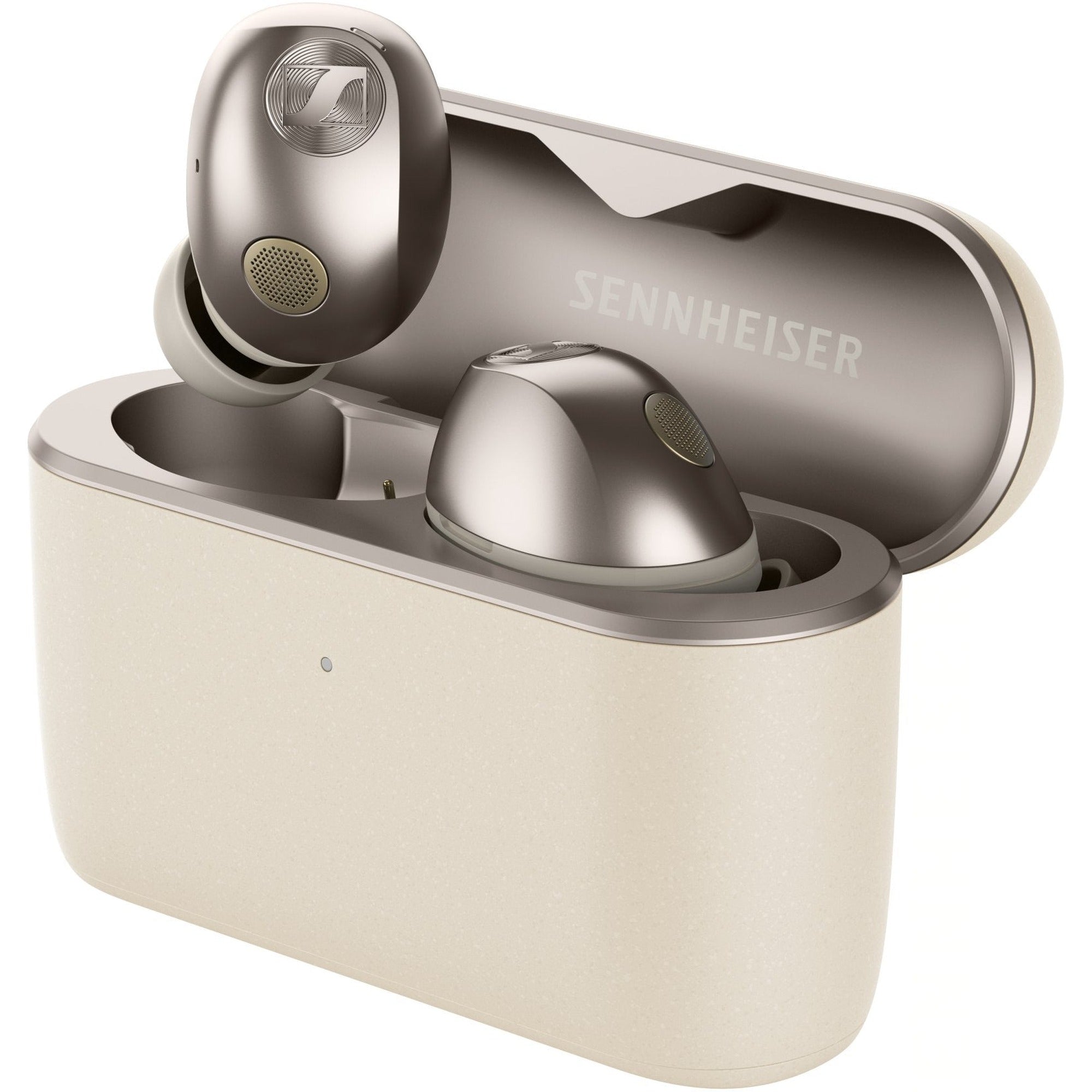 Sennheiser Momentum True Wireless 5 earbuds in open charging case, Cream