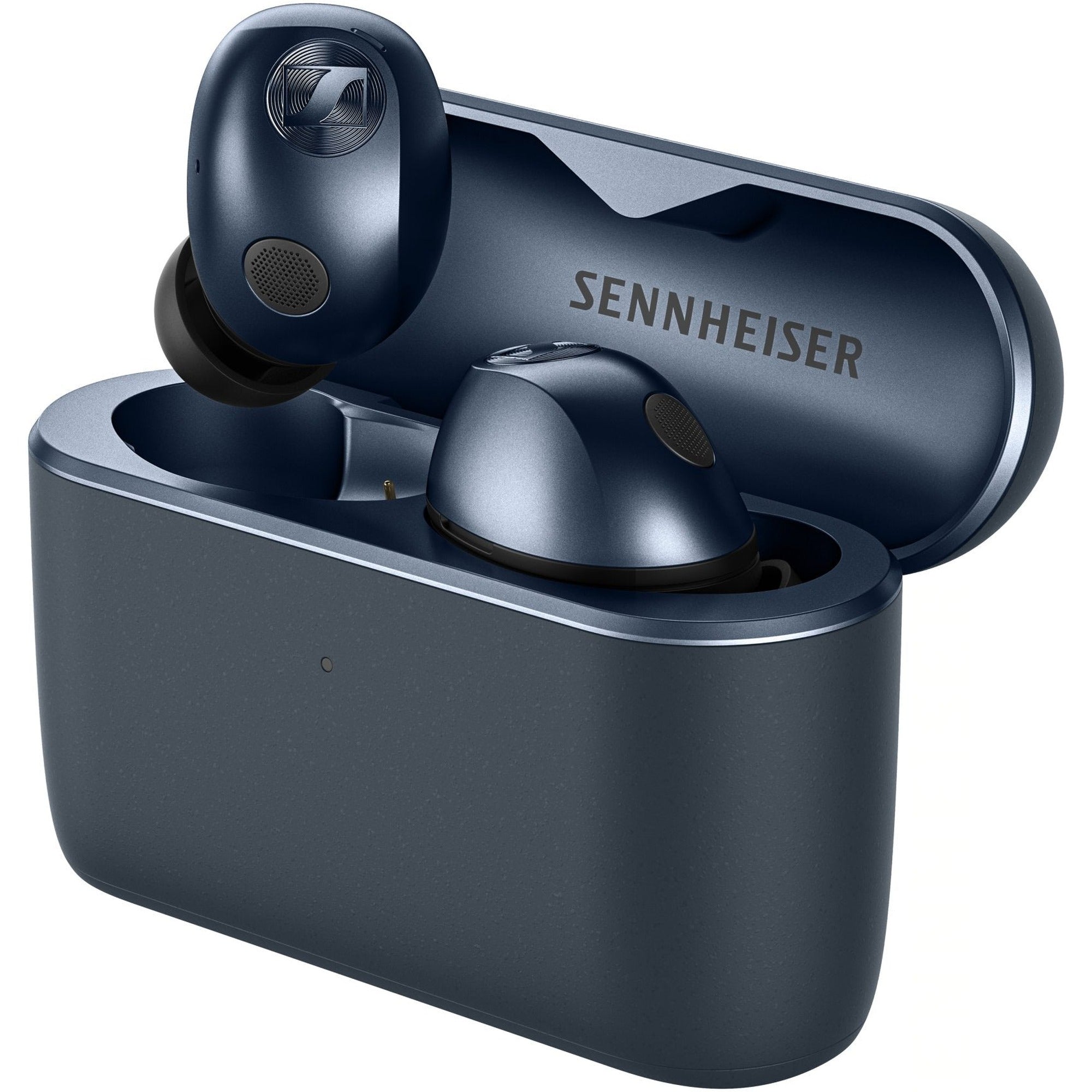 Sennheiser Momentum True Wireless 5 earbuds in open charging case, Denim