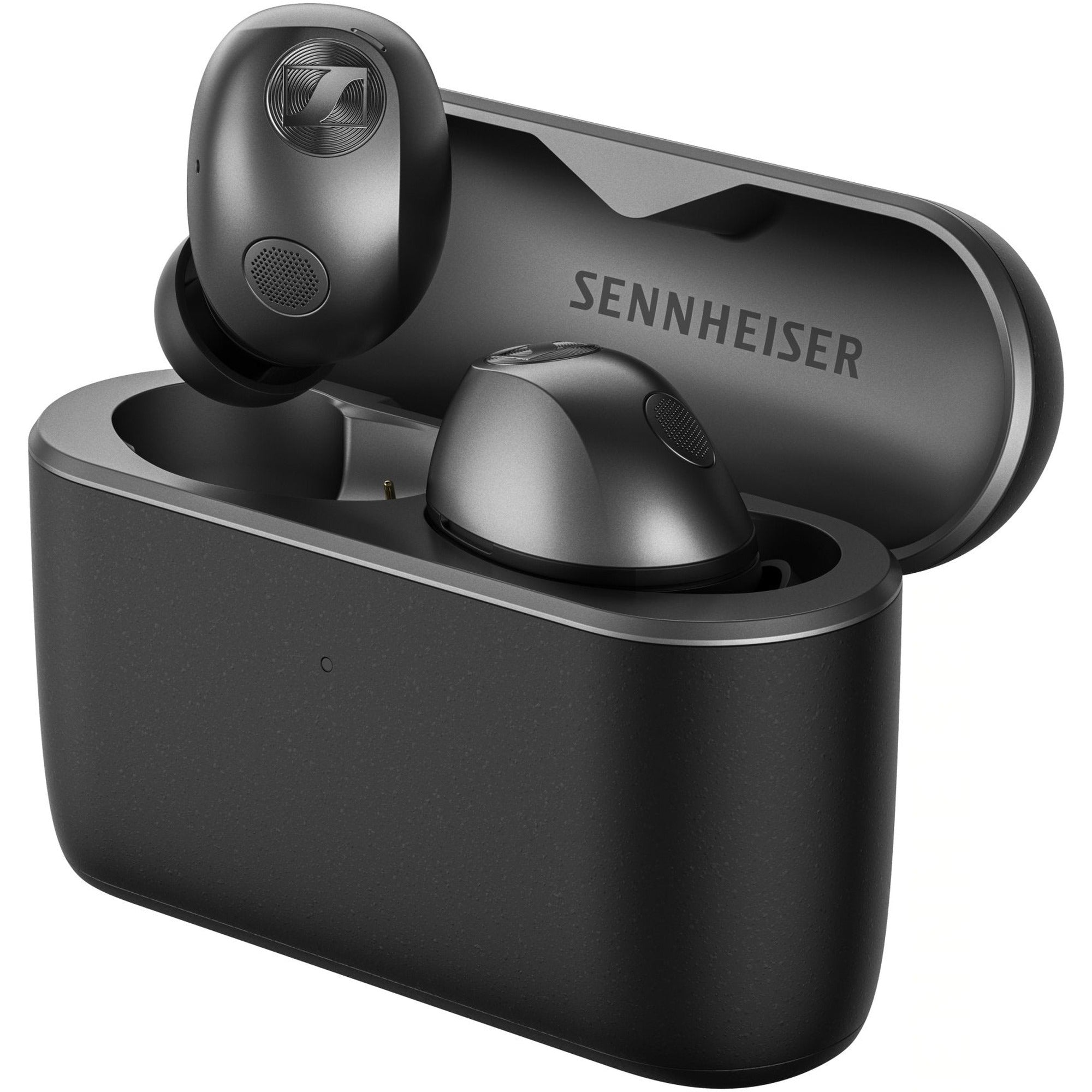 Sennheiser Momentum True Wireless 5 earbuds in open charging case, Graphite