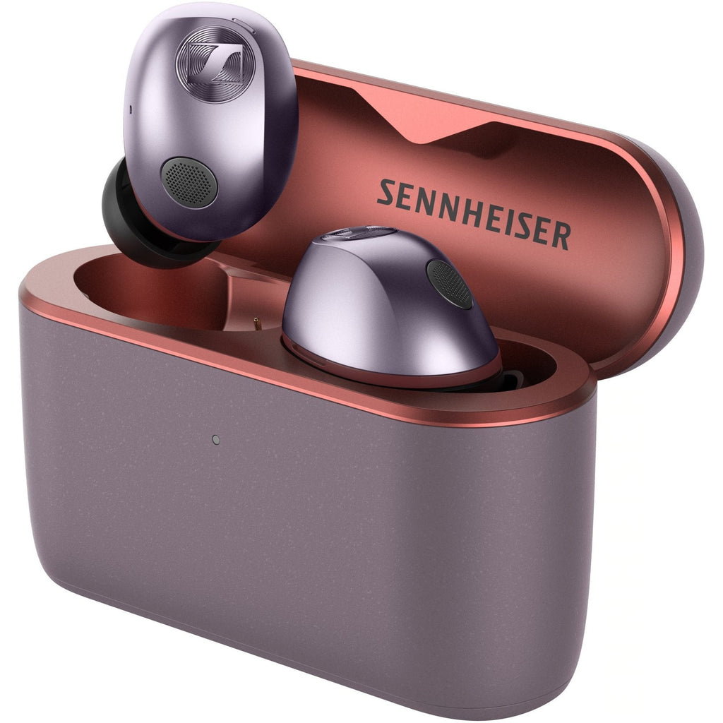 Sennheiser Momentum True Wireless 5 earbuds in open charging case, Lavender