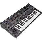 Sequential Fourm keyboard synthesizer shown with its sleek design and control panel in a close-up view.