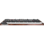 Sequential Prophet-6 synthesizer with vintage-style controls and keyboard, featuring dual oscillators and analog sound circuitry.