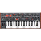 Sequential Prophet-6 synthesizer with classic control knobs and keyboard, featuring vintage-inspired design and advanced sound options.