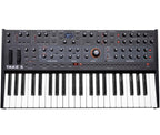Sequential Take 5 synthesizer with knobs and buttons, showing its compact design and control panel for music production.