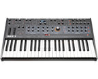 Sequential Take 5 synthesizer with a compact keyboard and control panel, featuring knobs and buttons for sound modulation.