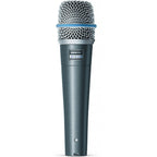 Shure Beta 57A dynamic microphone with a metal grille and black body, designed for professional vocals and instrument amplification.