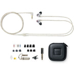 Shure SE846 Gen 2 wired in-ear headphones with clear ear tips and detachable cables, featuring a sleek black design.