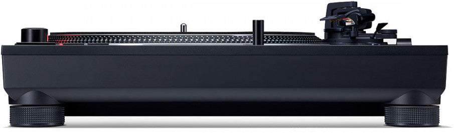 Technics SL-1210MK7 DJ turntable with black matte finish, tonearm and controls visible in front view.