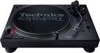 Technics SL-1210MK7 DJ turntable with black matte finish, featuring tonearm and control panel visible from the front view.