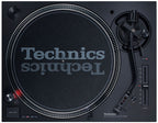 Technics SL-1210MK7 DJ turntable with black matte finish, tonearm and control buttons visible on top view.
