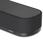 Sennheiser Ambeo Soundbar Plus with sleek black design, detailed controls, and multiple speaker drivers for immersive TV audio.