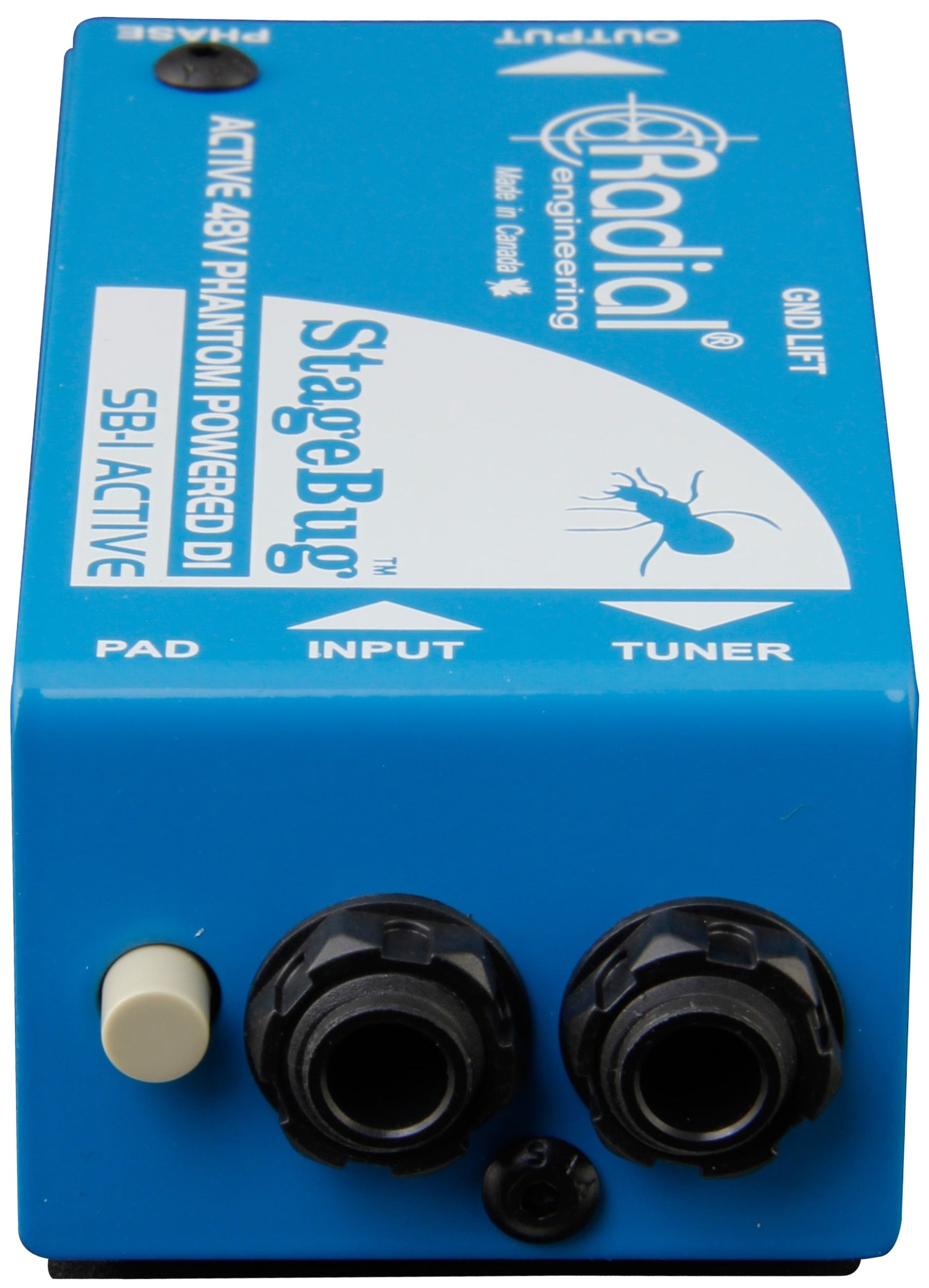 Radial Engineering StageBug SB-1 DI box with front view showing input and output jacks, compact and professional audio interface.