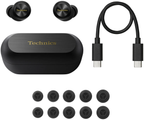 Technics EAH-AZ100 true wireless earbuds, in black, box contents