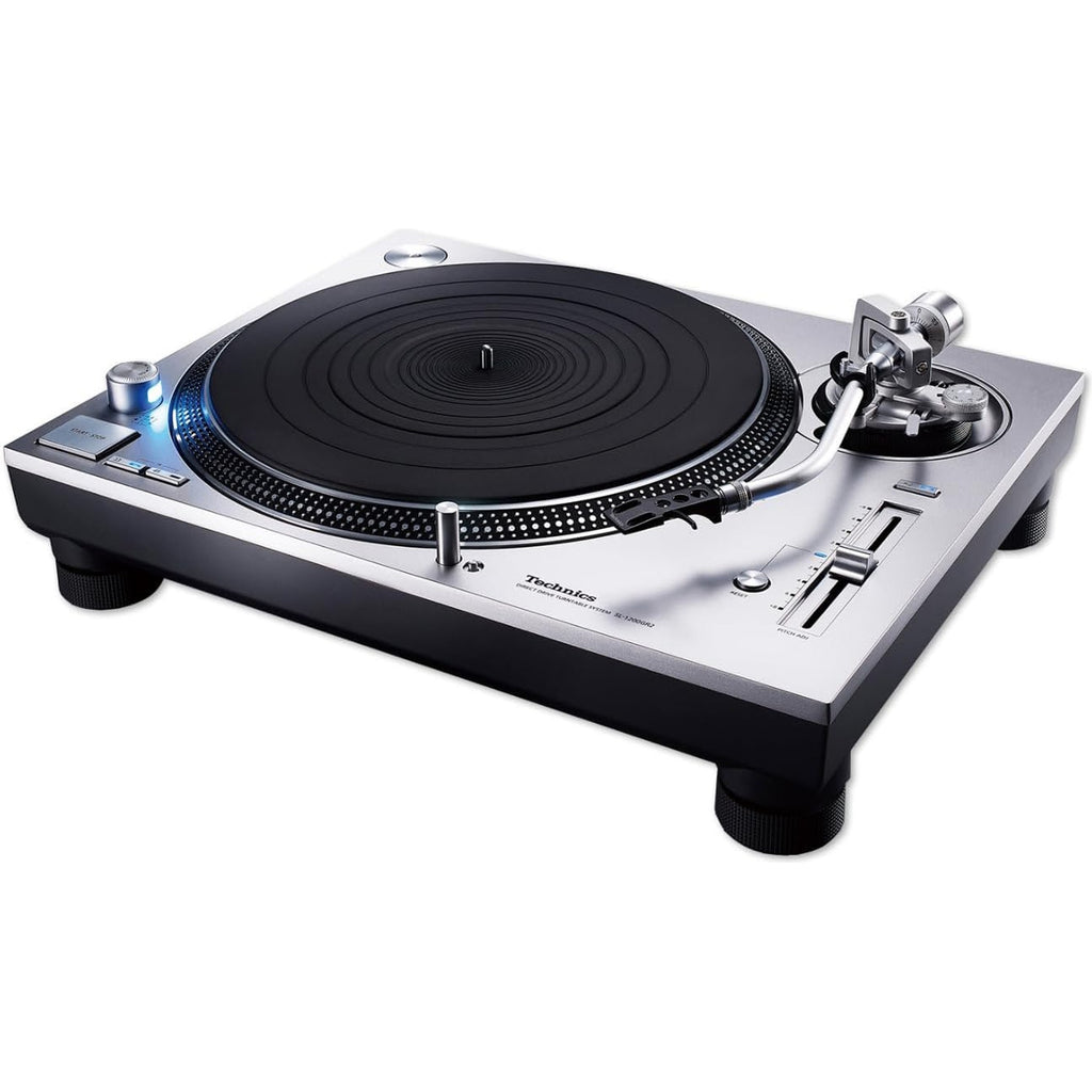 Technics SL-1200GR2 turntable with black matte finish, featuring tonearm and platter for high-quality audio playback.