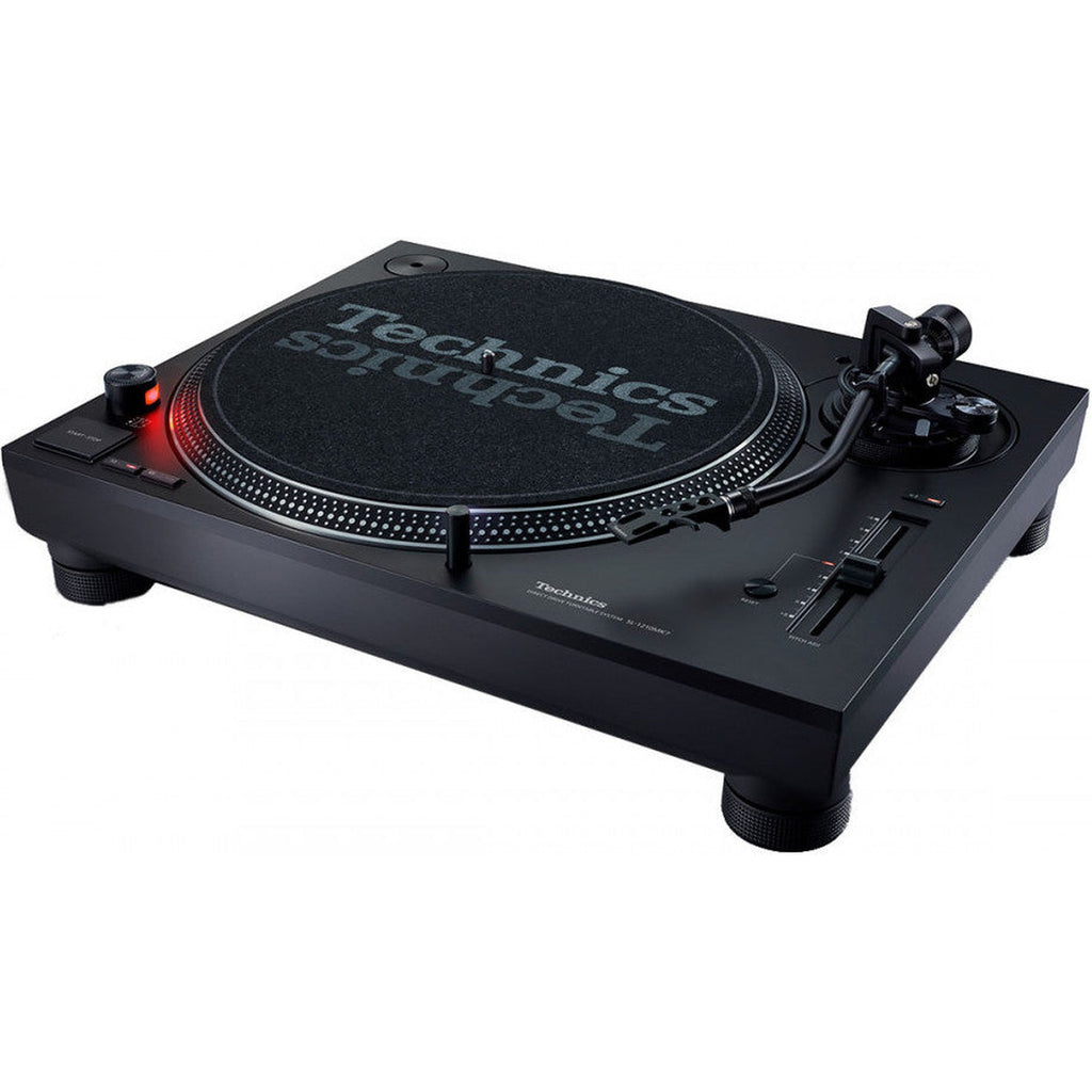 Technics SL-1210MK7 DJ turntable with black platter and tonearm, featuring modern design and high-quality build for professional DJs.