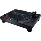Technics SL-1210MK7 DJ turntable with black platter and tonearm, featuring modern design and high-quality build for professional DJs.